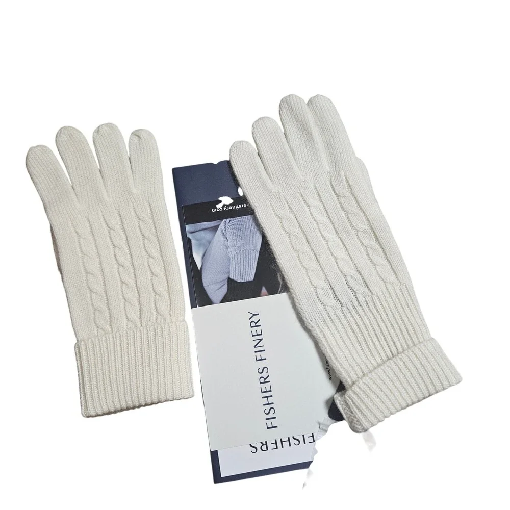 Fishers Finery 100% Pure Cashmere Knit Gloves Cable Knit Cream Quiet Luxury NWT